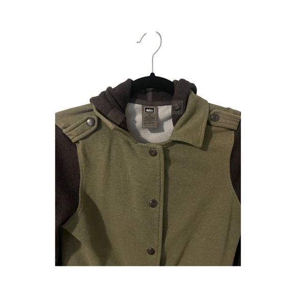 REI Jacket Hooded Black Green Outdoor Hiking Women Size XS - Picture 2 of 13